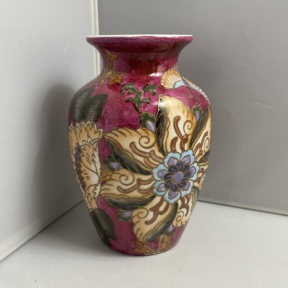 Vintage China Hand Painted Vase Flowers And Butterflies With Gold Accents - Picture 1 of 9